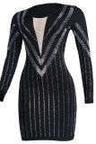 Black Sexy Patchwork Hot Drill V Neck Long Sleeve Dresses