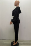 Black Fashion Casual Solid Tassel Hooded Collar Long Sleeve Two Pieces