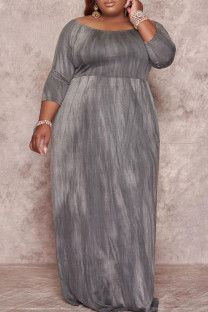 Grey Fashion Casual Plus Size Print Basic O Neck Long Dress