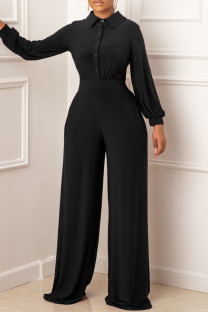 Black Fashion Casual Solid Split Joint Turndown Collar Regular Jumpsuits