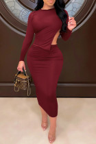 Burgundy Sexy Solid Split Joint Backless O Neck One Step Skirt Dresses