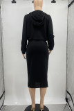 Black Casual Solid Split Joint Draw String Pocket Slit Fold Zipper Collar Long Sleeve Two Pieces