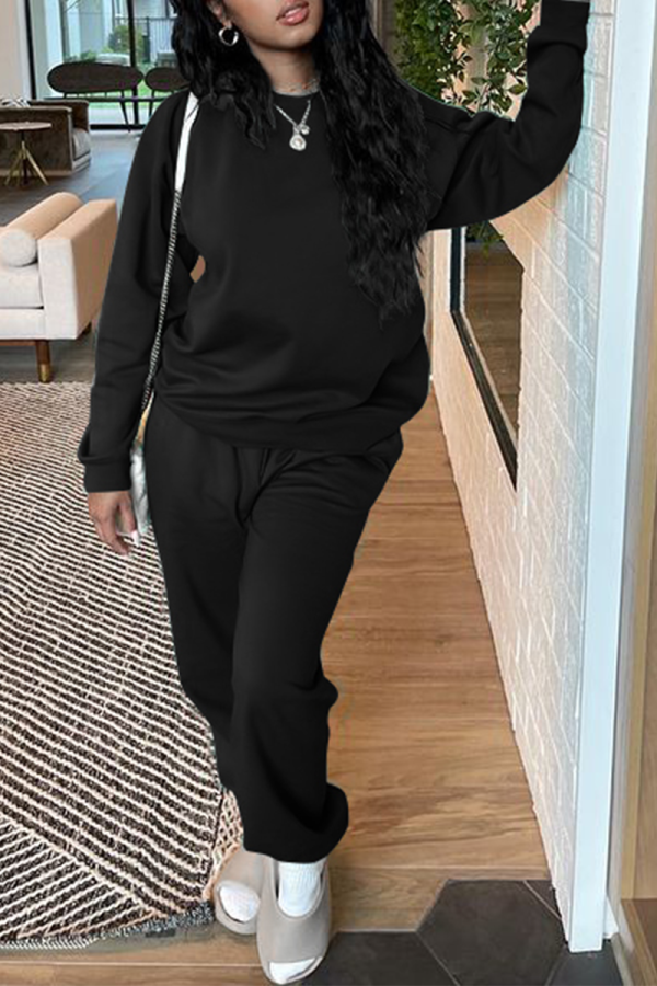 Black Casual Solid Patchwork O Neck Long Sleeve Two Pieces