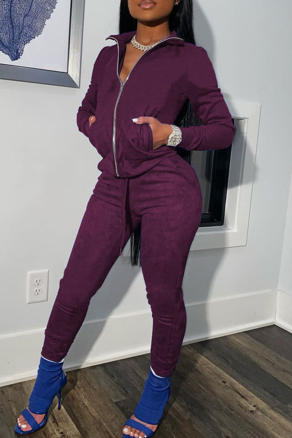 Dark Purple Casual Sportswear Solid Patchwork Zipper Zipper Collar Long Sleeve Two Pieces