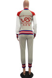 Grey Fashion Casual Print Patchwork Zipper Collar Long Sleeve Two Pieces