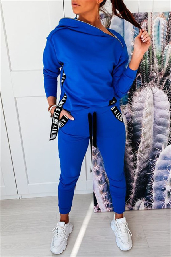 Royal Blue Fashion Casual Patchwork Zipper Hooded Collar Long Sleeve Two Pieces