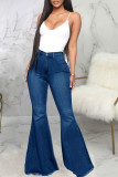 Blue Fashion Street Solid High Waist Denim Jeans