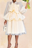 Apricot Casual Solid Flounce O Neck Cake Skirt Dresses