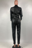 Black Fashion Casual Solid With Belt Turndown Collar Regular Jumpsuits