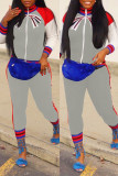 Grey Fashion Casual Print Patchwork Zipper Collar Long Sleeve Two Pieces