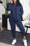 Tibetan Blue Casual Solid Basic O Neck Long Sleeve Two Pieces