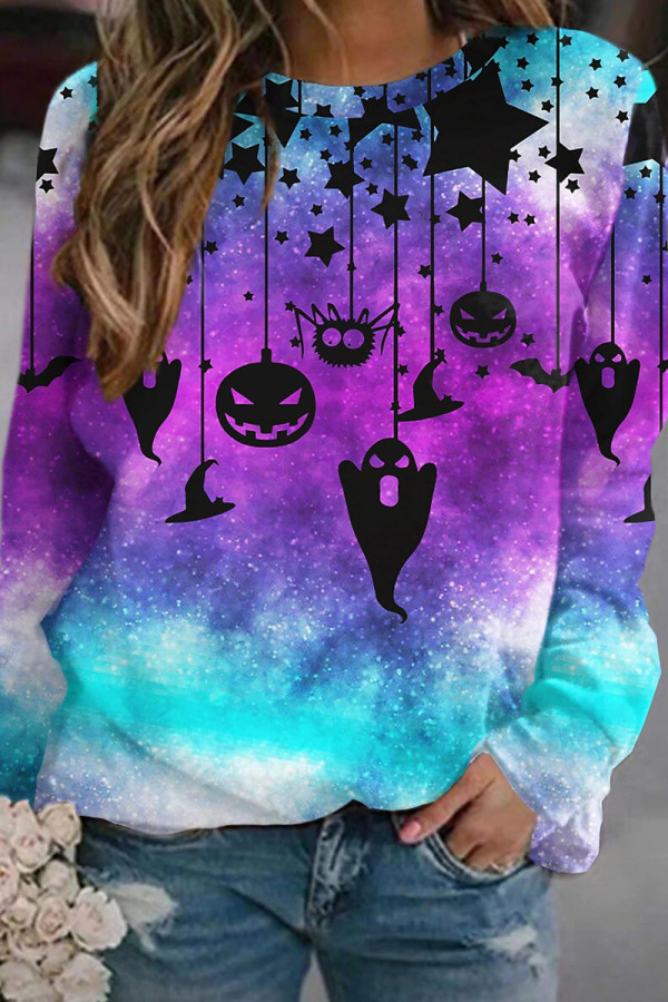 Purplish Blue Fashion Casual Print Basic O Neck Tops