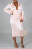Light Pink Fashion Casual Solid Basic Turndown Collar Long Sleeve Two Pieces