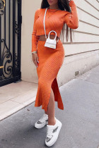 Orange Fashion Street Solid Slit O Neck Long Sleeve Two Pieces