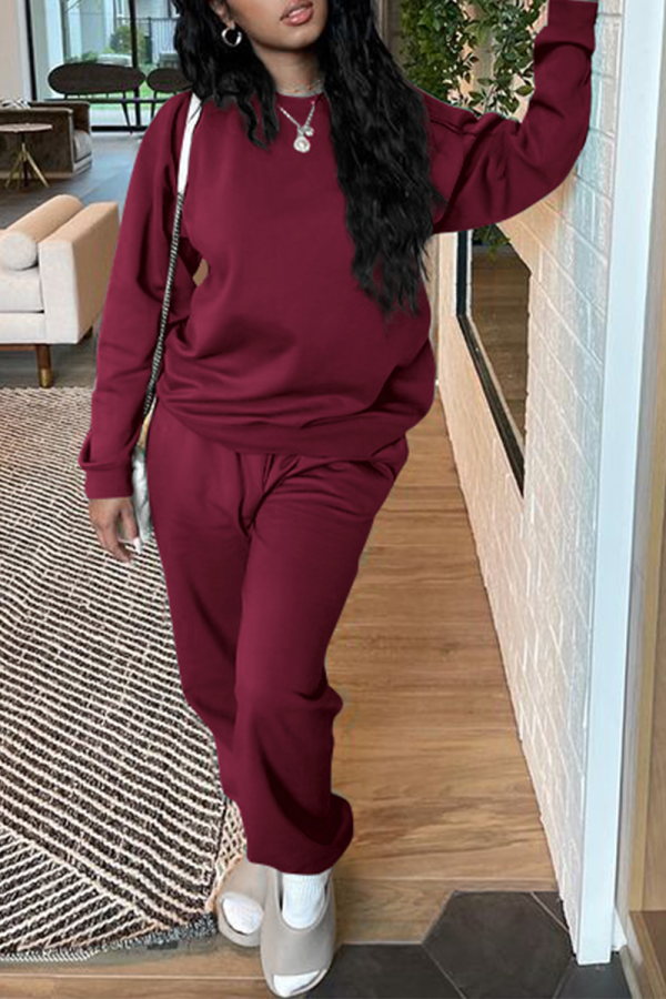 Burgundy Casual Solid Patchwork O Neck Long Sleeve Two Pieces