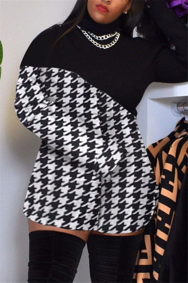 Black White Fashion Sexy Print Patchwork Turtleneck Long Sleeve Dress