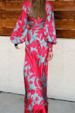 Red Fashion Casual Print Basic V Neck Long Sleeve Dresses