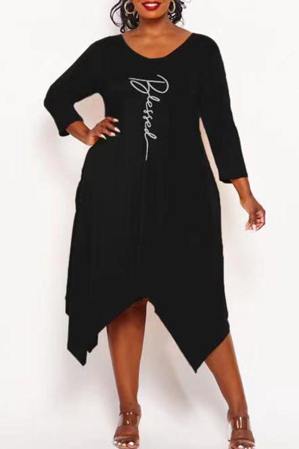 Black Casual Print Patchwork Asymmetrical Long Sleeve Dresses
