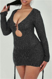 Silver Fashion Sexy Solid Bandage Hollowed Out V Neck Long Sleeve Dresses