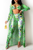 Apricot Sexy Print Split Joint Halter Long Sleeve Three Pieces