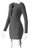 Silver Fashion Sexy Solid Bandage Hollowed Out V Neck Long Sleeve Dresses