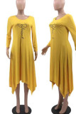 Yellow Casual Print Patchwork Asymmetrical Long Sleeve Dresses