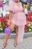 Pink Sexy Solid Patchwork V Neck Irregular Dress Dresses
