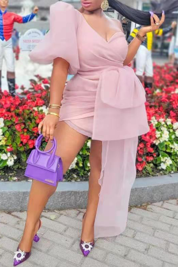 Pink Sexy Solid Patchwork V Neck Irregular Dress Dresses