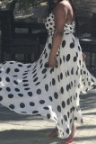 White Sexy Print Polka Dot Patchwork Asymmetrical Oblique Collar Printed Dress Dresses