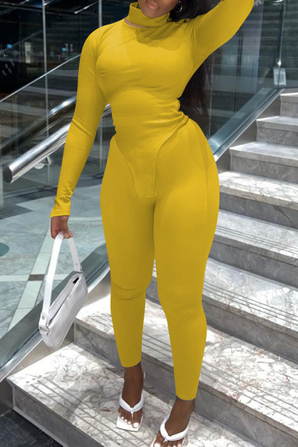 Yellow Fashion Casual Solid Basic Turtleneck Long Sleeve Two Pieces