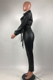 Black Fashion Casual Solid With Belt Turndown Collar Regular Jumpsuits