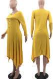 Yellow Casual Print Patchwork Asymmetrical Long Sleeve Dresses