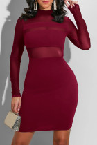 Burgundy Fashion Sexy Solid Split Joint O Neck One Step Skirt Dresses