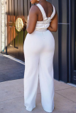 White Sexy Print Patchwork Off the Shoulder Straight Jumpsuits
