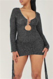 Silver Fashion Sexy Solid Bandage Hollowed Out V Neck Long Sleeve Dresses