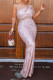 Pink Sexy Elegant Solid Hollowed Out Split Joint Pearl Sequins Oblique Collar One Step Skirt Plus Size Dresses