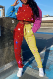 Red Casual Print Patchwork Hooded Collar Long Sleeve Two Pieces