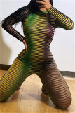 Green Fashion Sexy Print See-through O Neck Skinny Jumpsuits