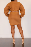 Grey Casual Solid Patchwork O Neck Pencil Skirt Dresses