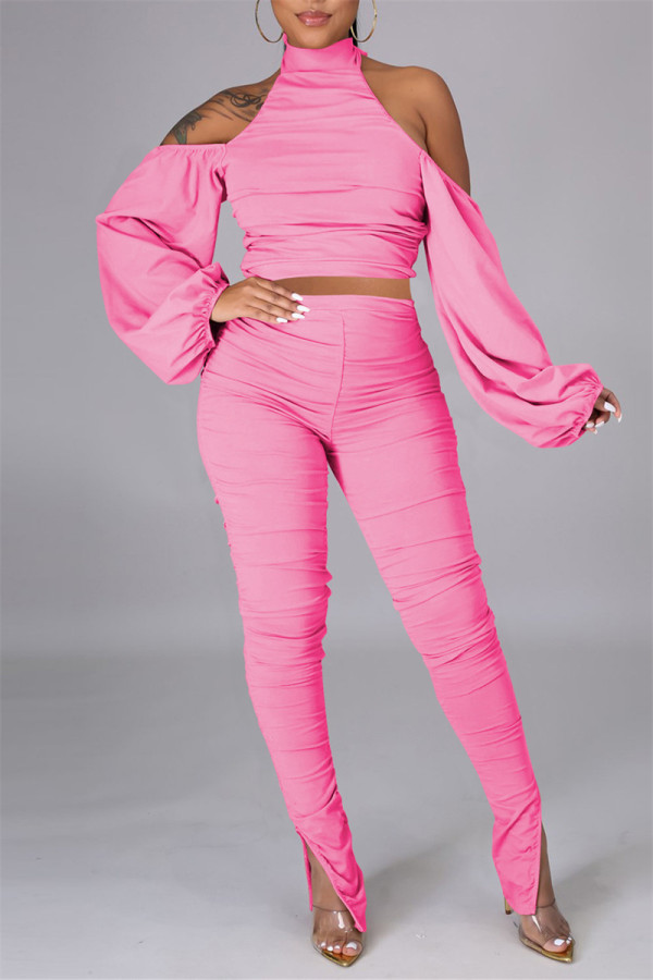 Pink Sexy Solid Bandage Backless Fold Turtleneck Long Sleeve Two Pieces