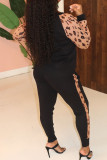 Black Casual Print Leopard Patchwork Zipper Zipper Collar Long Sleeve Two Pieces
