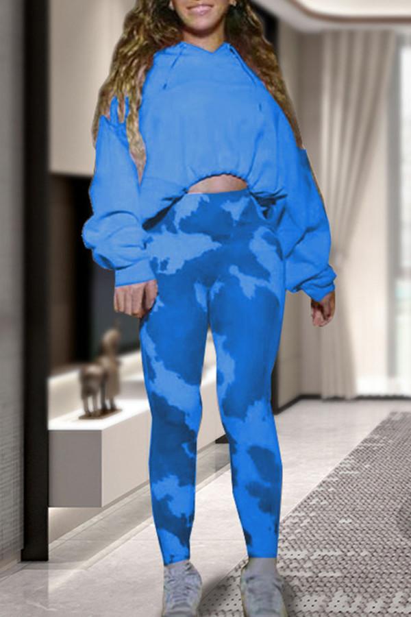 Blue Casual Print Patchwork Hooded Collar Long Sleeve Two Pieces