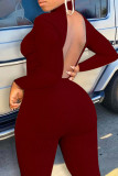 Burgundy Sexy Casual Solid Backless Turtleneck Skinny Jumpsuits