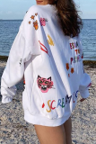 White Sweet Print Patchwork O Neck Tops