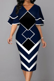 Red Fashion Street Print Patchwork V Neck One Step Skirt Dresses