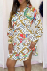 White Casual Print Patchwork Turndown Collar Printed Dress Dresses