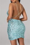 Pink Sexy Patchwork Sequins Chains Backless V Neck Sling Dress
