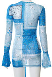 Blue Sexy Print Patchwork Fold V Neck Pencil Skirt Dresses