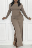 Light Purple Sexy Casual Solid Hollowed Out Slit O Neck Long Sleeve Dresses