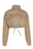 Grey Fashion Casual Solid Cardigan Zipper Collar Outerwear